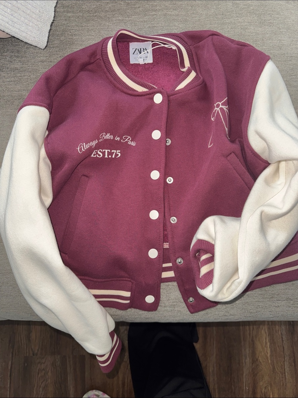 Zara Girls Burgundy & Cream Varsity Jacket with Embroidered Chest